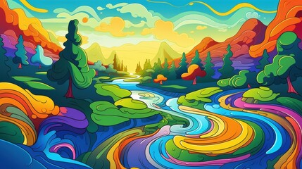 Vivid and Colorful Fantasy Landscape with Rainbow River Flowing Through Mountains. Surreal illustration for nature, travel, adventure, or imagination.