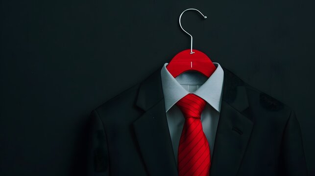 A black suit jacket and red tie hang on a red hanger against a dark background.