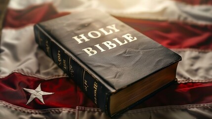 A black Bible is on top of a red and white American flag