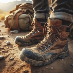 A man wearing hiking boots stands on a rocky trail with his backpack on the ground next to him.