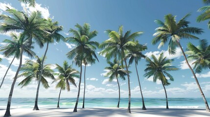 Obraz premium the majestic coconut palms lining the beach, their towering fronds swaying gently in the ocean breeze like nature's graceful dancers.