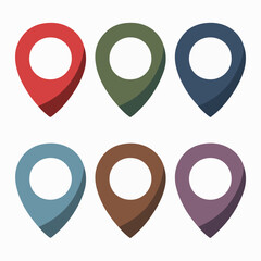 Six location markers, each in a distinct color. These markers are designed as pin-like shapes with a circular hole in the center. They are arranged in two rows, with three markers in each row. 