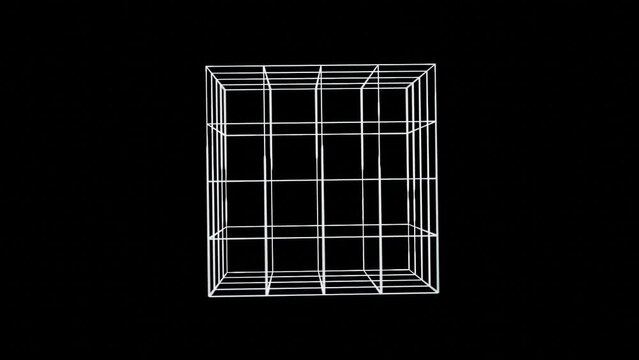 Turning white wireframe cube on black background animation