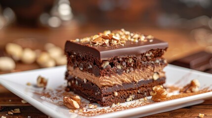 Obraz premium Homemade cake slice with chocolate and nuts