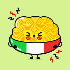 Angry Spaghetti character. Vector hand drawn cartoon kawaii character illustration icon. Isolated on green background. Sad plate of Spaghetti character concept