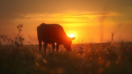 Lonely cow grazing in the setting sun. 