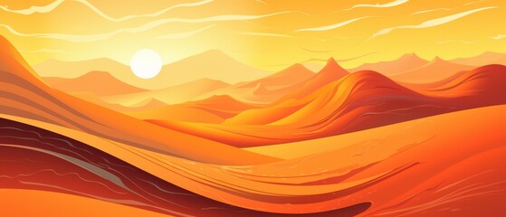 Golden Sunset over a Stylized Desert Landscape, Minimalist Illustration