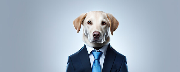 A Golden Retriever Dressed In A Blue Suit