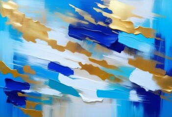 An abstract painting with blue, white, and gold colors and visible brushstrokes