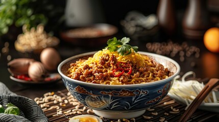 A Bowl of Savory Chinese Noodles with Meat and Herbs
