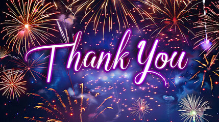 "Thank You" written in royal purple script on a midnight blue sky, fireworks bursting into blossoms of celebration. Expressing gratitude with regal flair.