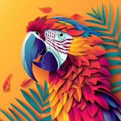 Fototapeta premium colorful parrot with leaves and leaves on an orange background