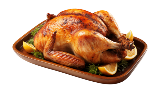 Roasted chicken, baked chicken on a wooden plate side view, isolated on transparent background, cutout. Clipping path. Png file for graphic artwork.k