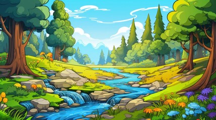 Cartoon illustration of a river flowing through a green forest. Idyllic scene of nature, perfect for children's books, animation, or games.