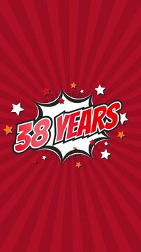 Celebratory animation for 38th thirty-eighth anniversary - 38 thirty-eight years birthday. Animated text on pop colorful background with rotating rays.