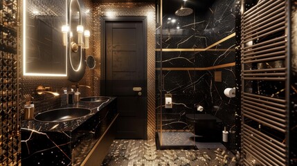 a bathroom with black and gold marble walls