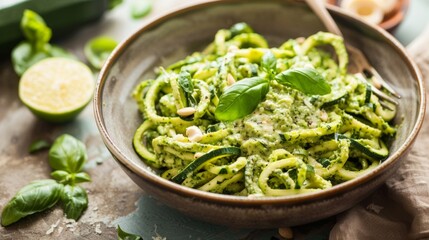 Creamy avocado pesto served over zucchini noodles a healthier alternative to traditional pasta dishes.