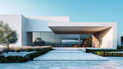 Fototapeta premium Lujoso chalet familiar de hormigón arquitectónico blanco de una planta, con gran ventanal y camino de entrada, y bello jardín, sobre fondo de cielo azul primaveral
