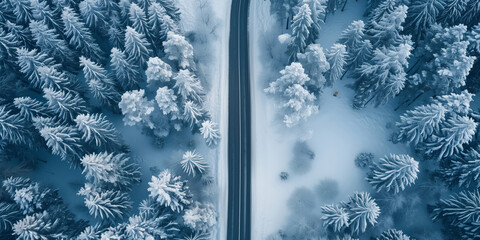Looking down on a road winding its way through a thick snow covered forest