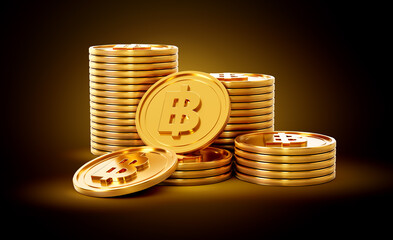 Stack Of Golden Shiny Thailand Baht Rounded Coins On Shiny Golden Glow Background 3d Illustration