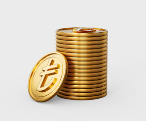 3d Stack Of Golden Turkish Lira Coins Shiny Rounded Coins Stack On White Background 3d Illustration