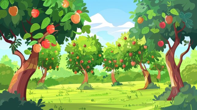  Lush Apple Orchard Illustration, Ripe Apples on Trees in Summer
