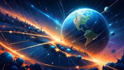 Obraz premium futuristic earth in the night neon city with line abstract wave background 9