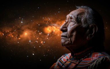 A close-up portrait of an elderly indigenous man looking upwards at a vast, starry night sky