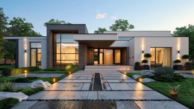 Moderna casa lujosa familiar de hormig&oacute;n arquitect&oacute;nico gris y blanco de una planta, con grandes ventanales y gran camino de entrada, jard&iacute;n muy cuidado con plantas e iluminado al atardecer

