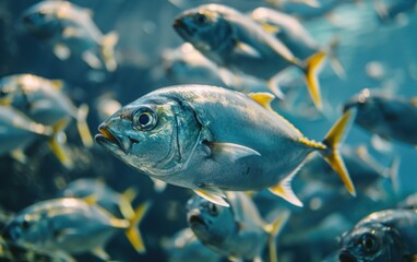 A close-up photo of a school of fish swimming in clear, blue water