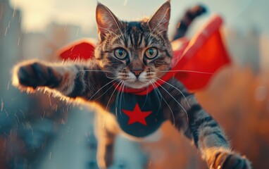 A tabby cat wearing a red cape flies through the air, with a blurred city background behind it