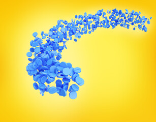 Blue Rounded Medical Pills Flowing Coming In The Air On Bright Yellow Background 3d Illustration