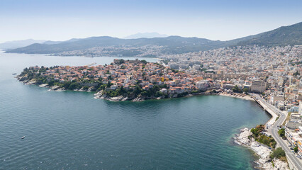 Fototapeta premium Aerial view of old town, castle and aqueduct in Kavala, Greece, Europe