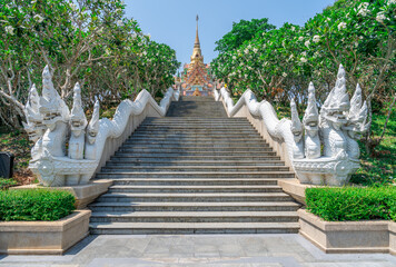 Naga stairs, the walkway up to Wat Phra Mahathat Chedi Phakdi Prakat, a beautiful temple near the sea in Prachuap Khiri Khan Province.