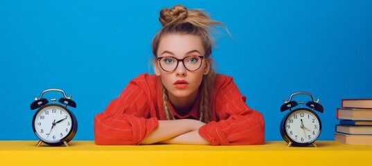 Young woman with alarm clocks and books on a yellow table