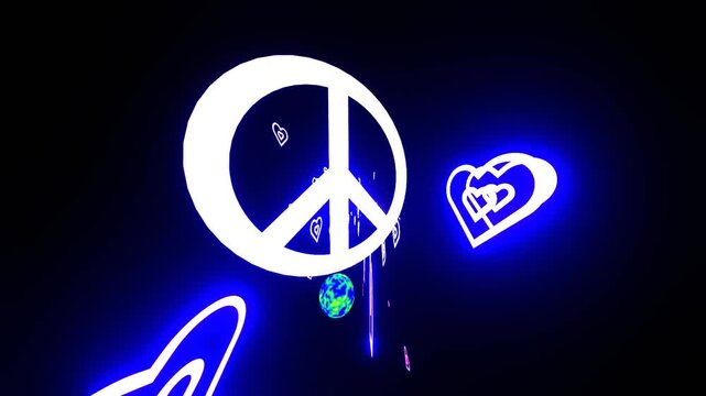 16 seconds of spinning rotating peace symbol and love hearts flying out on black background DJ visualiser disco hd video 1920 1080 
