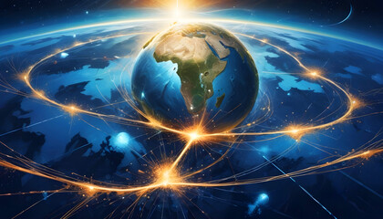 Obraz premium futuristic earth in the night neon city with line abstract wave background 14