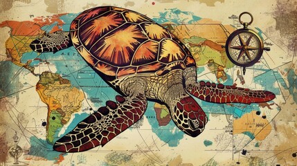 Colorful vintage comic-style illustration of a sea turtle as an ancient mariner, navigating the oceans with an old map and compass. 
