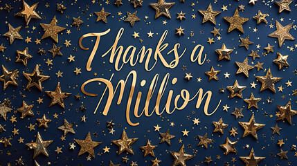 "Thanks a Million" in elegant gold script on a navy blue card, surrounded by cascading golden stars. Expressing gratitude for the incredible journey we've shared.