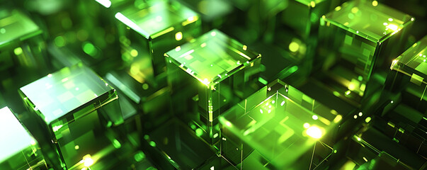 Background of green technology that is abstract and computer-generated in three dimensions. Glass blocks with light effects: fractal art. Concept for a future city or for information and communication