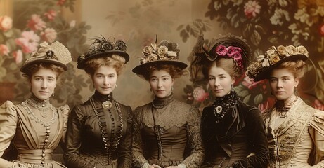 A vintage photograph featuring five women in formal attire, all wearing hats, likely taken in a studio setting around the early 1900s