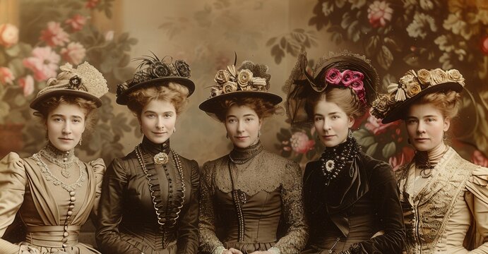 A vintage photograph featuring five women in formal attire, all wearing hats, likely taken in a studio setting around the early 1900s