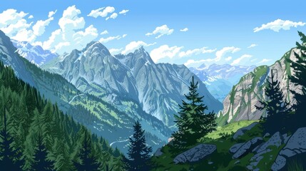 Obraz premium Scenic Mountain Landscape. Majestic Peaks and Lush Green Valleys