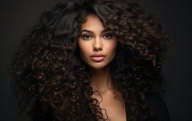 Fototapeta premium A woman with long, curly, dark hair poses for a portrait against a dark background. Her expression is serious and her eyes look directly at the camera