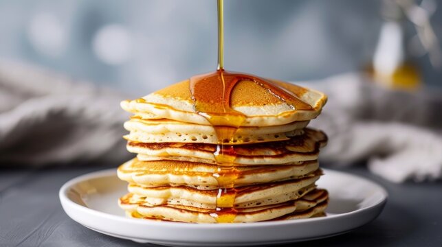 A stack of fluffy pancakes made with almond flour and topped with a generous drizzle of coconut oil and pure maple syrup.