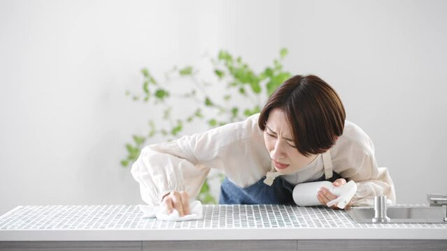 キッチンを掃除するエプロン姿の女性　ライフスタイルイメージ
