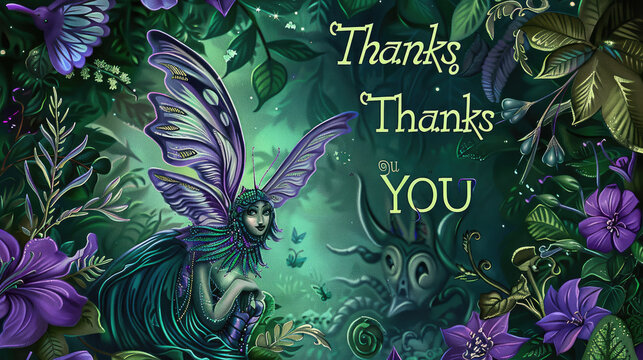 "Thanks YOU" in royal purple script on an enchanted forest green background, adorned with mystical creatures and magical foliage. Conveying gratitude with fairy-tale charm.