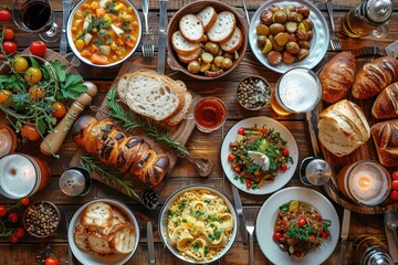 A Rustic Table Setting with a Feast of Food
