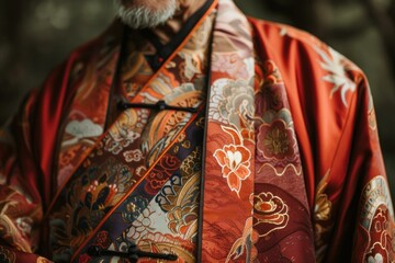 Fototapeta premium Closeup of a senior man wearing traditional chinese clothing with a floral design