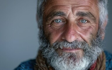A close up portrait of an older man with gray hair and a long beard, his blue eyes looking directly at the camera